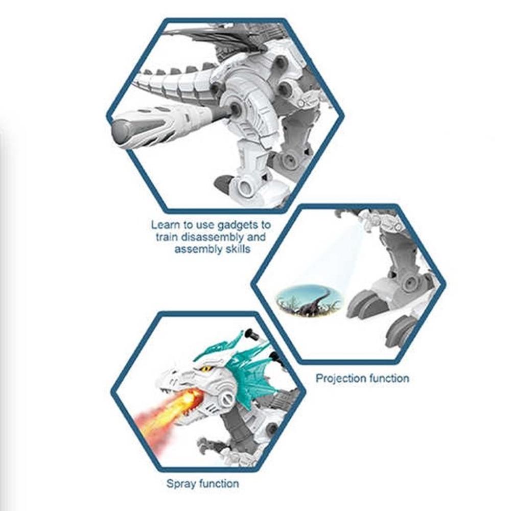 Dinossauro controle remoto robo projetor com míssil monta desmonta dragão névoa fumaça interativo.